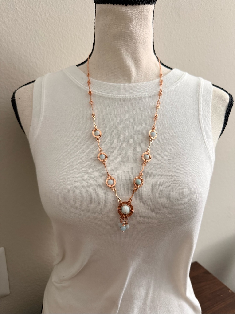Artisan Aquamarine Beads Station Necklace with Hammered Copper Elements - Picture 3 of 3